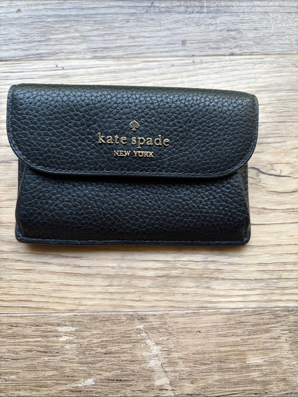 kate spade Black Pebbled Leather Flap Card Case with Gold Logo
